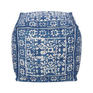 Noble House Isleta Contemporary Fabric Cube Pouf, Blue and White