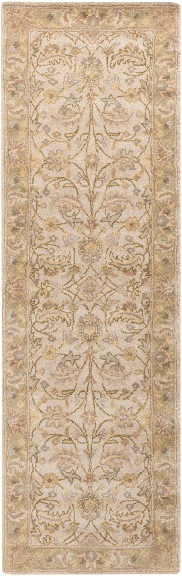 Caesar CAE-1114 Traditional Wool Rug CAE1114-312 Ivory, Dark Green, Light Gray, Sage, Khaki, Bright Yellow, Dark Brown, Taupe, Camel 100% Wool 3' x 12'