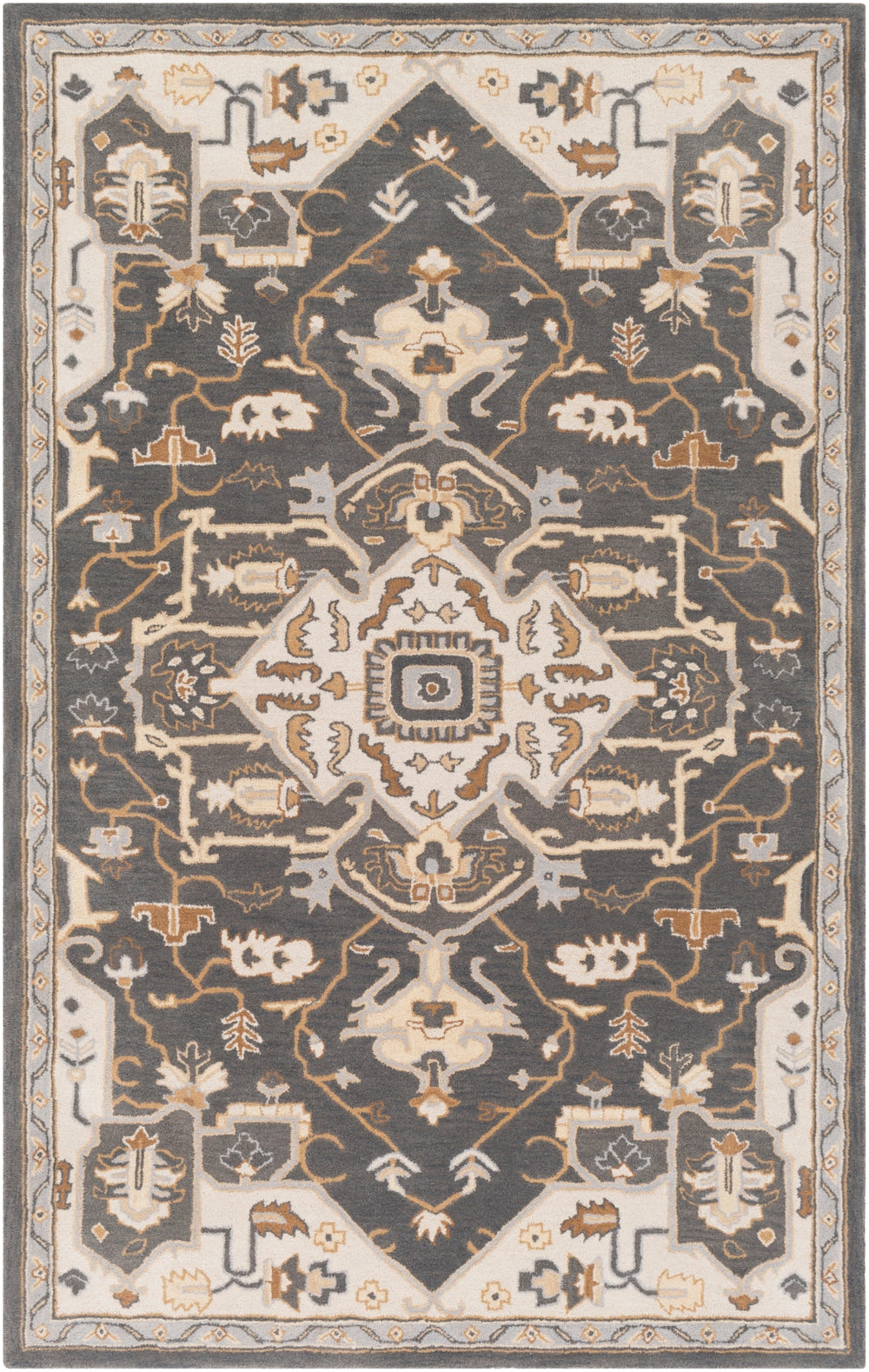 Caesar CAE-1216 Traditional Wool Rug CAE1216-912 Charcoal, Camel, Tan, Medium Gray, Cream, White 100% Wool 9' x 12'