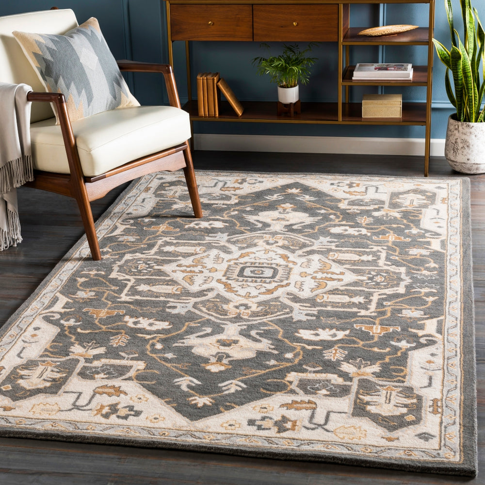 Caesar CAE-1216 Traditional Wool Rug CAE1216-912 Charcoal, Camel, Tan, Medium Gray, Cream, White 100% Wool 9' x 12'