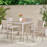 Noble House Cape Coral Outdoor Modern 4 Seater Aluminum Dining Set with Tempered Glass Table Top, Silver