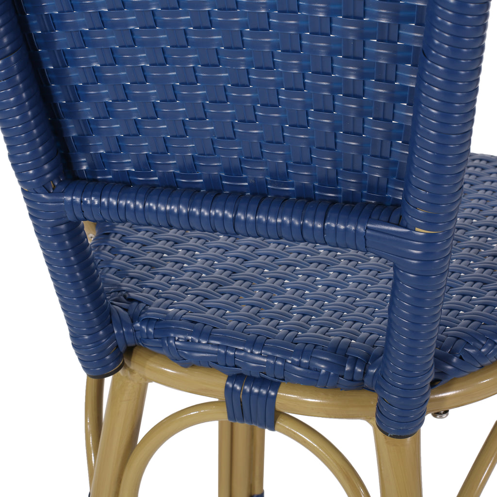 Noble House Shelton Outdoor French Wicker and Aluminum 29.5 Inch Barstools (Set of 4), Navy Blue and Bamboo Finish