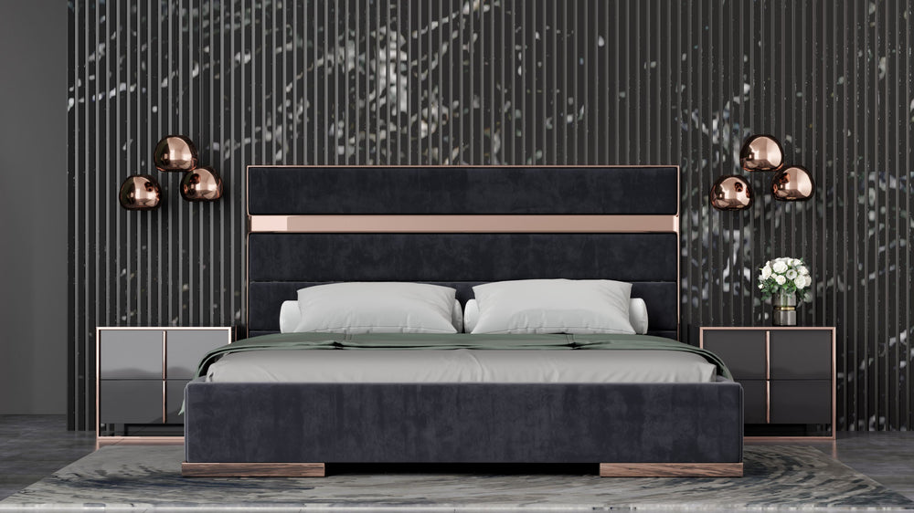 VIG Furniture Nova Domus Cartier - Eastern King Modern Black + Rose Gold Bed + Nightstands VGVCBD-A002-BLK-BED-2NS-SET-EK
