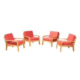 Grenada Outdoor Acacia Wood Club Chairs with Cushions, Teak and Red Noble House