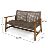 Hampton Outdoor Wood and Wicker Loveseat, Natural Finish with Mix Mocha Wicker Noble House