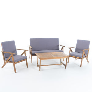 Panama Outdoor 4 Piece Teak Finish Acacia Wood Chat Set with Grey Water Resistant Cushions Noble House