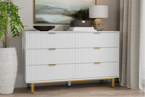 Casey Dresser - Elegant White Mahogany with Textured Drawers, Gold Legs, and Fully Assembled Design