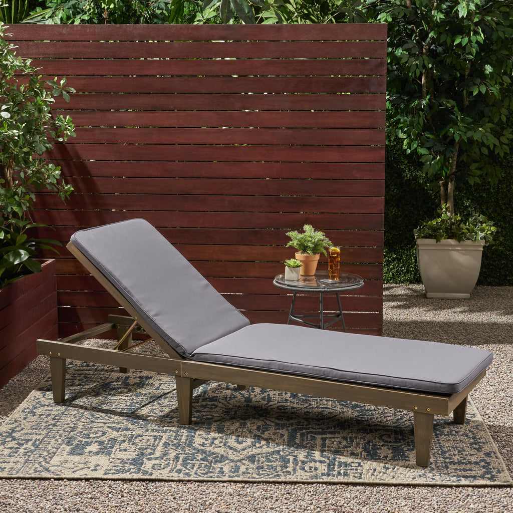 Nadine Outdoor Acacia Wood Chaise Lounge and Cushion Set, Gray and Dark Gray Noble House