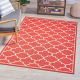 Noble House Thornhill Indoor/ Outdoor Geometric 5 x 8 Area Rug, Red and Ivory