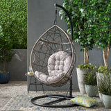 Cayuse Outdoor Wicker Tear Drop Hanging Chair, Gray and Black Noble House