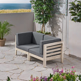 Oana Outdoor Modular Acacia Wood Loveseat with Cushions, Weathered Gray and Dark Gray Noble House