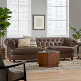 Litch Chesterfield Leather Tufted 3 Seater Sofa with Nailhead Trim, Dark Brown and Brown Noble House