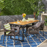 Welch Outdoor 6-Seater Rectangular Acacia Wood and Wicker Dining Set, Teak with Black and Multi Brown Noble House