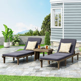 Ariana Outdoor Acacia Wood 3 Piece Chaise Lounge Set with Water-Resistant Cushions, Gray and Dark Gray Noble House