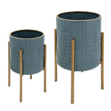 Sagebrook Home Contemporary Set of 2 -  Planter On Metal Stand, Slate Blue/gold 12629-14 Blue Iron