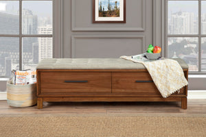 Nova Bench in Honey Maple - Fully Assembled with Dovetail Drawers and Button Tufted Cushion Seat