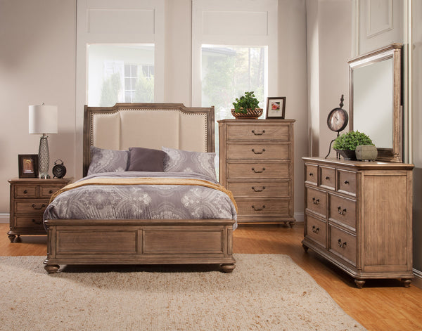 Alpine Furniture Melbourne Queen Sleigh Bed w/Upholstered Headboard, French Truffle 1200-01Q French Truffle Plantation Mahogany Solids & Okoume Veneer 63.5 x 88.5 x 62