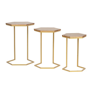 Cordele Boho Glam Handcrafted Hexagon C-Shaped Nesting Tables (Set of 3), Natural and Gold Noble House