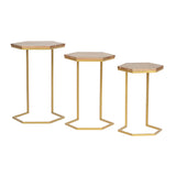 Cordele Boho Glam Handcrafted Hexagon C-Shaped Nesting Tables (Set of 3), Natural and Gold