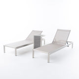 Cape Coral Grey Mesh Chaise Lounge Set withNatural Finish Polymer Blended Wood C-Shaped End Table Noble House