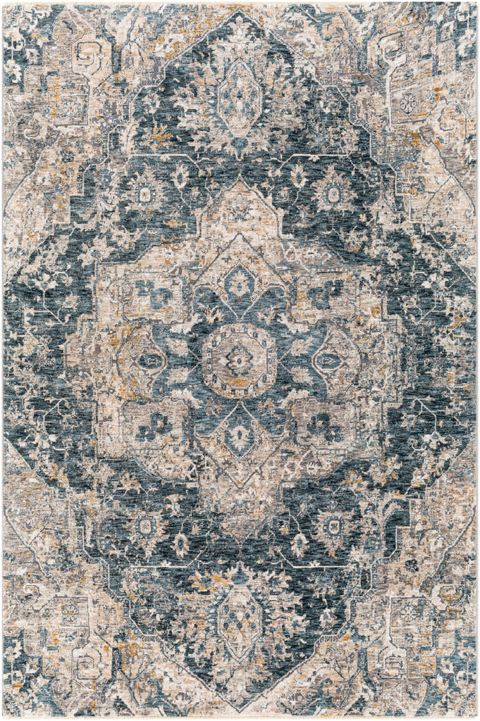 Cardiff CDF-2307 Traditional Polyester Rug CDF2307-710RD Teal, Ivory, Medium Gray, Charcoal, Camel 100% Polyester 7'10" Round