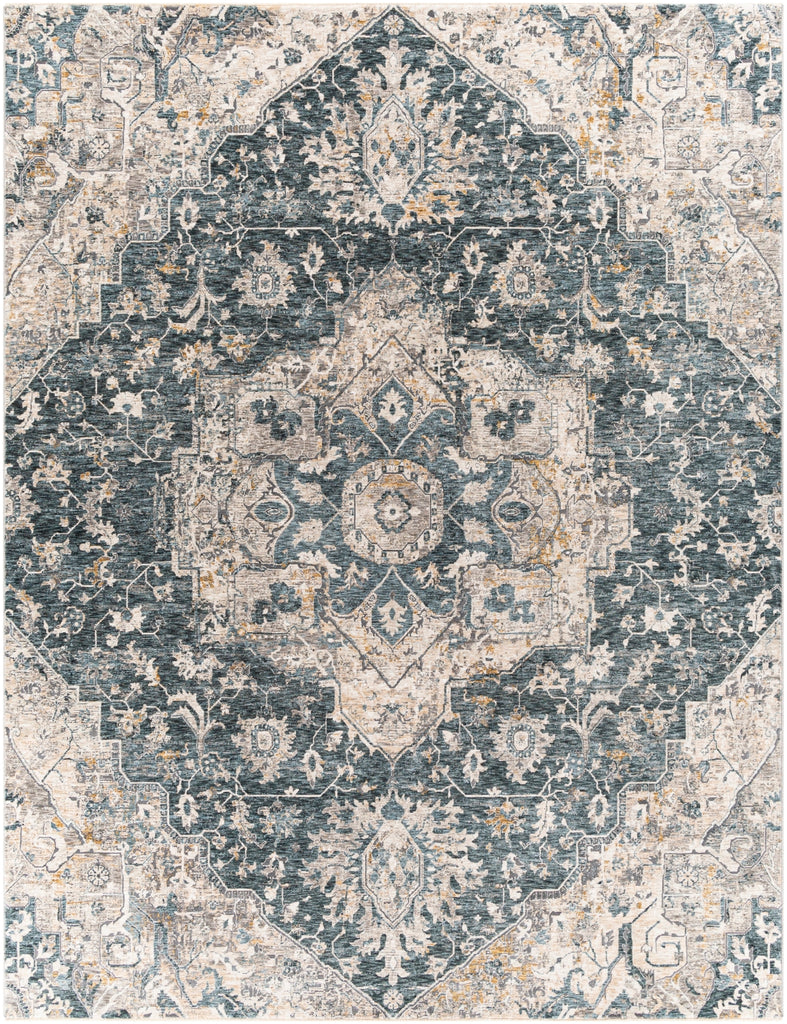 Cardiff CDF-2307 Traditional Polyester Rug CDF2307-710103 Teal, Ivory, Medium Gray, Charcoal, Camel 100% Polyester 7'10" x 10'3"