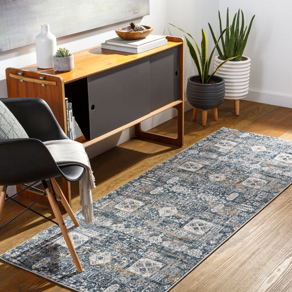 Cardiff CDF-2309 Traditional Polyester Rug CDF2309-2773 Teal, Medium Gray, Ivory, Camel, Charcoal 100% Polyester 2'7" x 7'3"