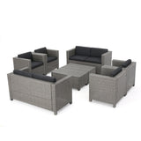 Noble House Puerta Outdoor 8 Piece Dark Grey Wicker Chat Set with Mixed Black Water Resistant Cushions