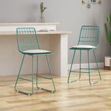 Niez Outdoor Wire Counter Stools with Cushions, Teal and Ivory Noble House