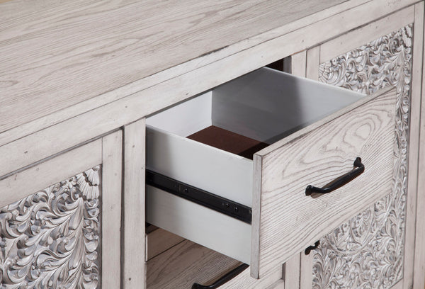 Aria Vintage Dresser with Carved Floral Design, Ample Storage & Elegant Weathered Finish