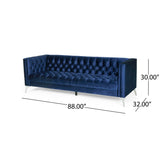 Galvin Contemporary Tufted Velvet 3 Seater Sofa, Midnight Blue and Silver Noble House