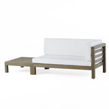 Oana Outdoor Acacia Wood Right Arm Loveseat and Coffee Table Set with Cushion, Gray and White Noble House