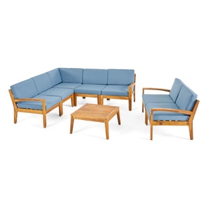Noble House Grenada Outdoor Acacia Wood 7 Seater Sectional Sofa and Loveseat Set with Coffee Table, Teak and Blue