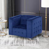 Sanders Modern Glam Velvet Cube Club Chair, Navy Blue and Chrome Noble House