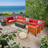 Noble House Malawi Outdoor U-Shaped Sectional Sofa Set with Fire Pit - 12-Piece 10-Seater - Acacia Wood - Outdoor Cushions - Teak with Red and Dark Gray