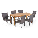 Lambert Outdoor 7 Piece Multibrown Wicker Dining Set with Teak Finished Acacia Wood Expandable Dining Table