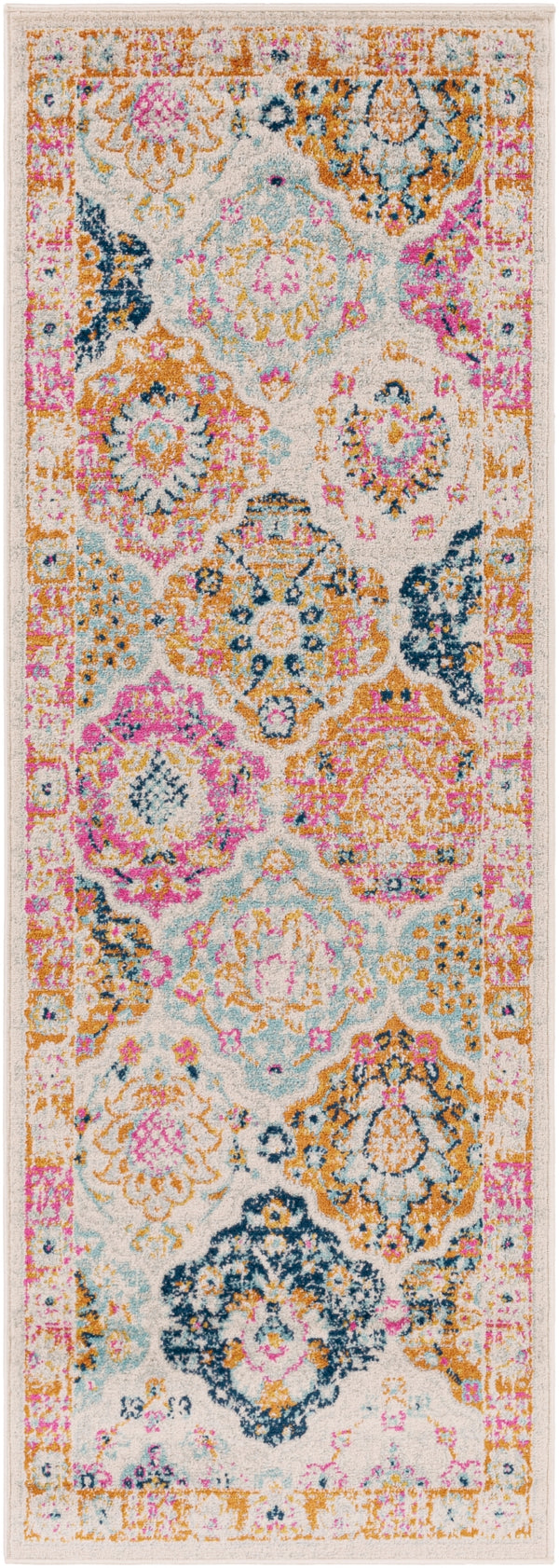 Chester CHE-2322 Traditional Polypropylene Rug CHE2322-2773 Bright Pink, Burnt Orange, Saffron, Aqua, Dark Blue, Light Gray, Khaki 100% Polypropylene 2'7" x 7'3"