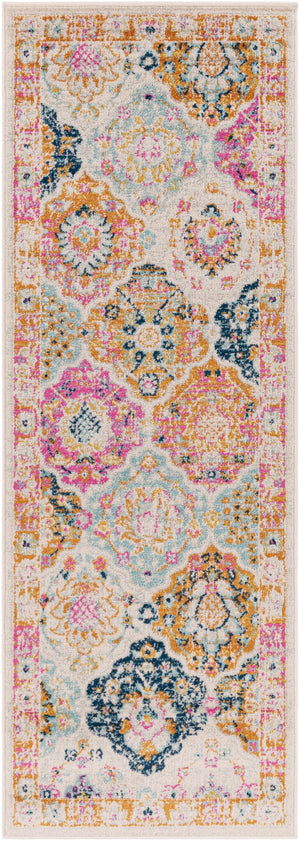 Chester CHE-2322 Traditional Polypropylene Rug CHE2322-2773 Bright Pink, Burnt Orange, Saffron, Aqua, Dark Blue, Light Gray, Khaki 100% Polypropylene 2'7" x 7'3"