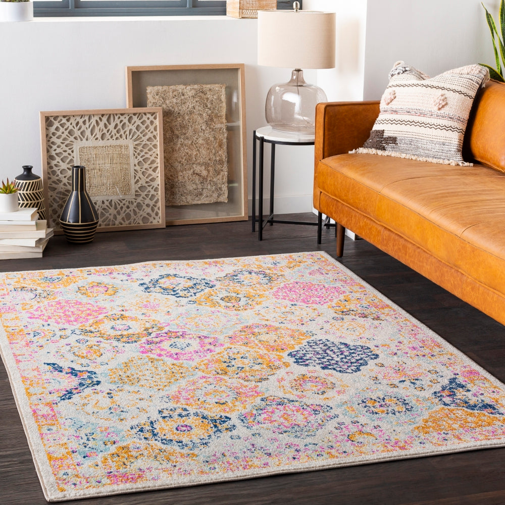 Chester CHE-2322 Traditional Polypropylene Rug CHE2322-2773 Bright Pink, Burnt Orange, Saffron, Aqua, Dark Blue, Light Gray, Khaki 100% Polypropylene 2'7" x 7'3"