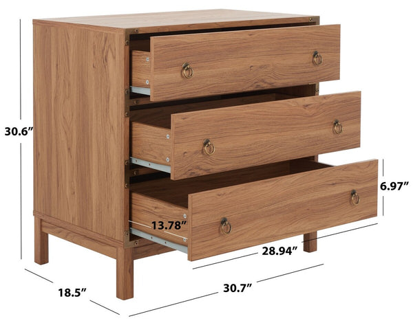 Safavieh Galio 3 Drawer Chest Oak / Gold Particle Board, Mdf, Honeycomb,  Solid Wood, Iron CHS9600D