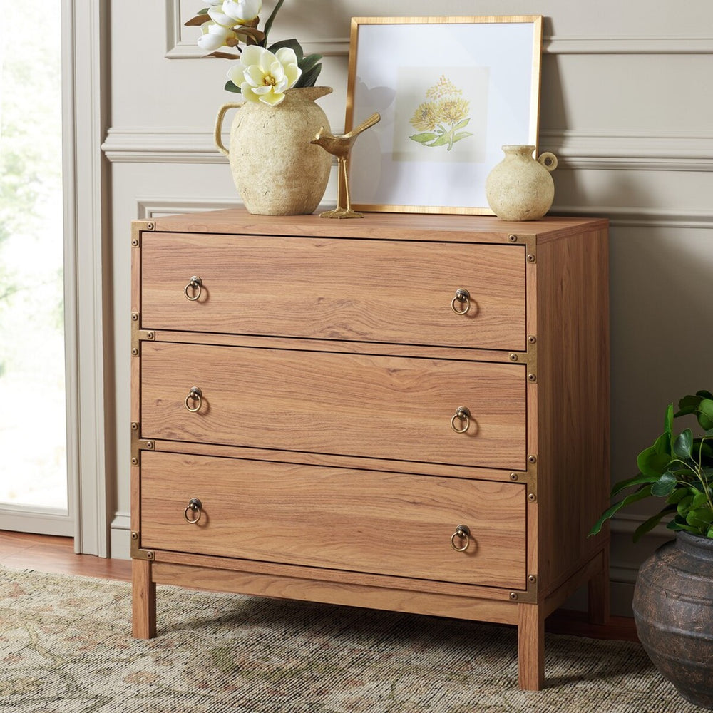 Safavieh Galio 3 Drawer Chest Oak / Gold Particle Board, Mdf, Honeycomb,  Solid Wood, Iron CHS9600D