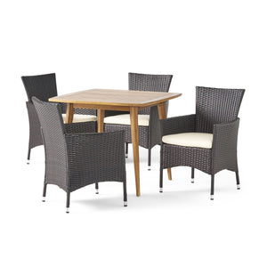 Coronados Outdoor 5 Piece Wood and Wicker Dining Set, Teak and Multi Brown Noble House