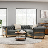 Voll Chesterfield Tufted Fabric 5 Seater Sectional Sofa with Nailhead Trim, Charcoal and Dark Brown Noble House