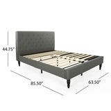 Noble House Atterbury Fully-Upholstered Queen-Size Platform Bed Frame, Low-Profile, Contemporary, Charcoal Gray