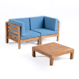 Oana Outdoor Modular Acacia Wood Loveseat and Table Set with Cushions, Teak and Blue Noble House