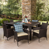 Aristo Outdoor 9 Piece Multibrown Wicker Square Dining Set with Beige Water Resistant Cushions Noble House