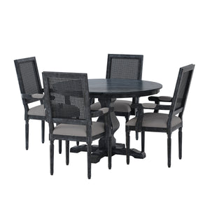 Noble House Mores French Country Upholstered Wood and Cane 5 Piece Circular Dining Set, Gray