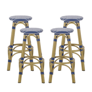 Noble House Starla Outdoor French Aluminum 29.5 Inch Barstools (Set of 4), Navy Blue, White, and Bamboo Finish