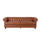 Litch Chesterfield Leather Tufted 3 Seater Sofa with Nailhead Trim, Cognac Brown and Brown Noble House