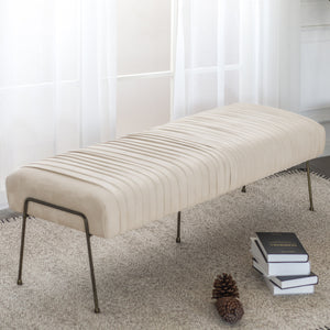 Merritt Velvet Pleated Bench in Dulce Sand - Luxurious Design with Deep Bronze Legs, Fully Assembled